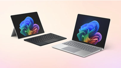 A Surface Laptop for Business in the colour Platinum and Surface Pro for Business with a Surface Pro Flex Keyboard in the colour Black.