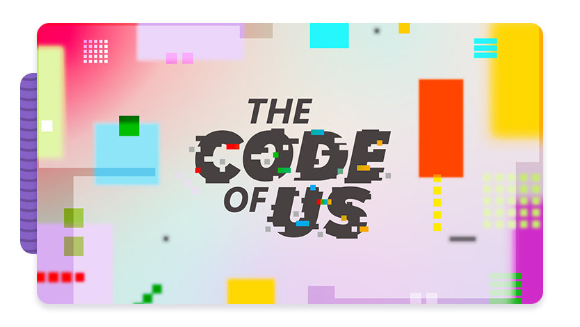 A colorful, abstract background with various geometric shapes and pixelated elements. In the center, the text 'THE CODE OF US' is prominently displayed in bold, black letters with a glitch effect.