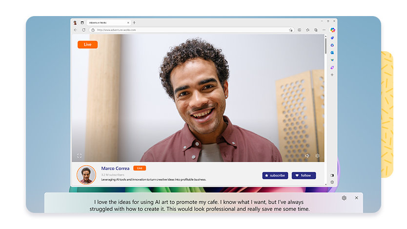 Man on a video screen touting AI as a tool for his cafe promotions