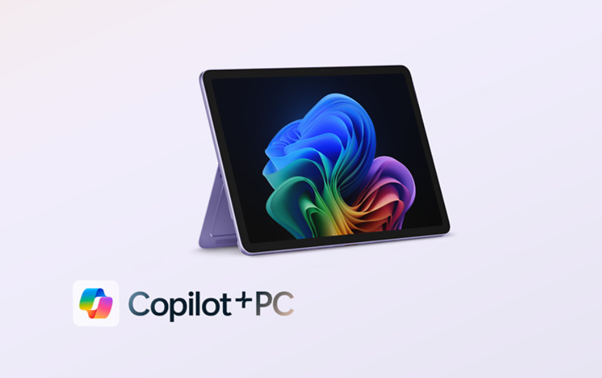 An angled view shows a Surface Pro, Copilot+ PC, 12-inch in the colour Violet with the kickstand engaged.