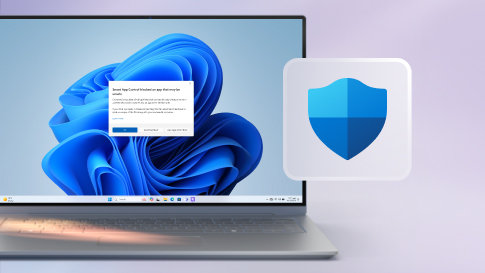 A Smart App Control notification on an open laptop with a blue bloom screen on a light purple background with a Smart App Control icon on top
