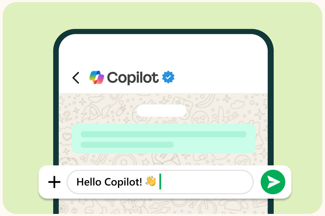 Copilot on WhatsApp on a mobile phone with an enlarged Copilot search bar overlapping the image on a light green background