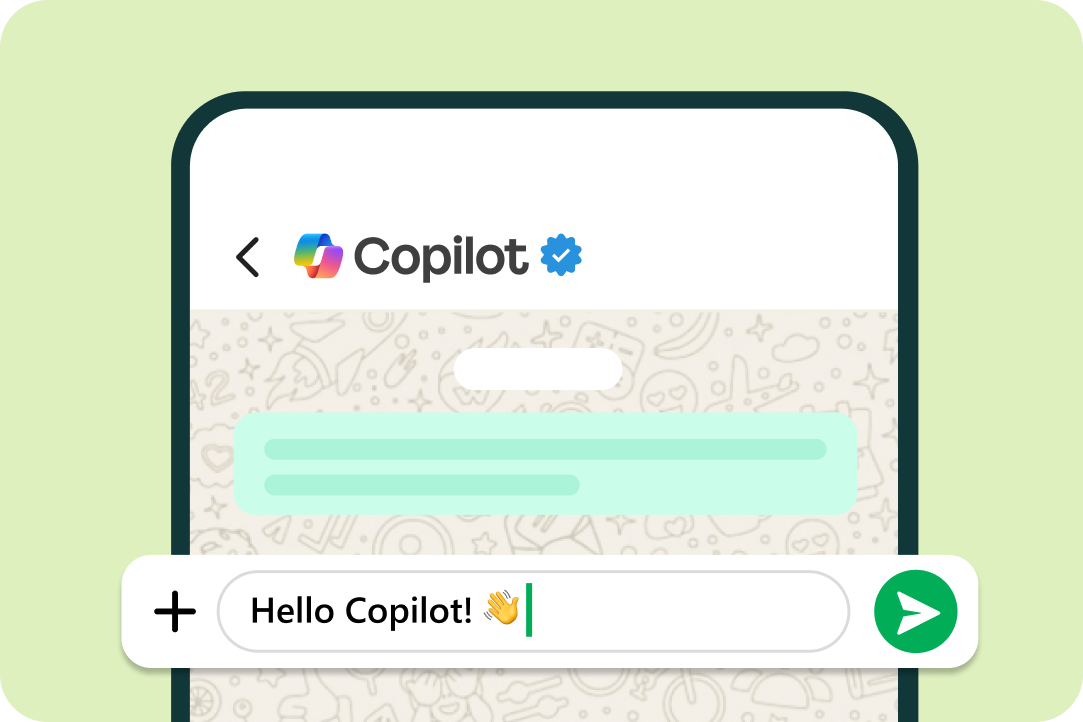 Copilot on WhatsApp on a mobile phone with an enlarged Copilot search bar overlapping the image on a light green background