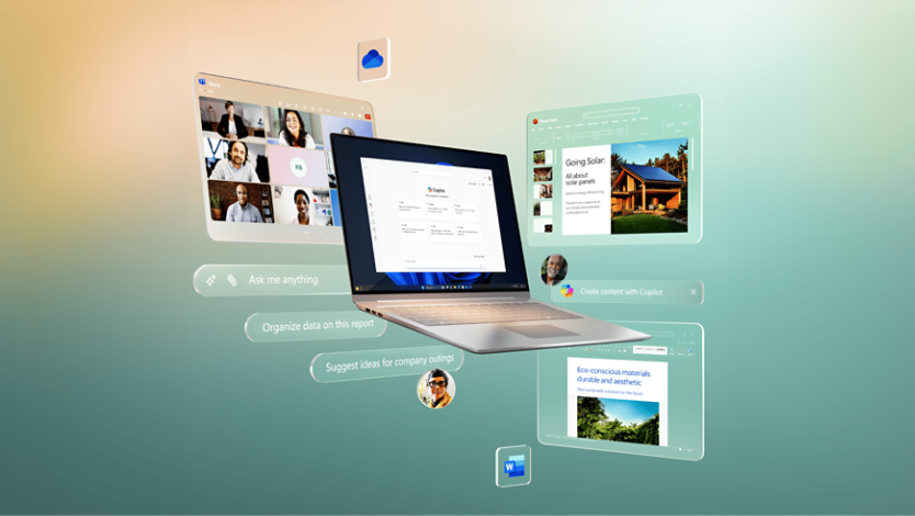 A laptop screen displaying a document, surrounded by floating windows and icons including video call participants, a cloud icon, and various application windows. Text bubbles read: 'Ask me anything,' 'Organize data on this report,' 'Suggest ideas for company outing,' and 'Create content with Copilot