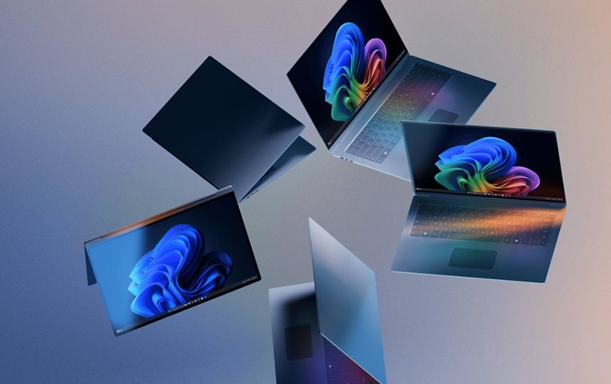 Five laptops floating against a gradient background from light beige to dark blue. Each screen displays a blue abstract swirl, and the laptops are angled to show different views of their screens and keyboards. 