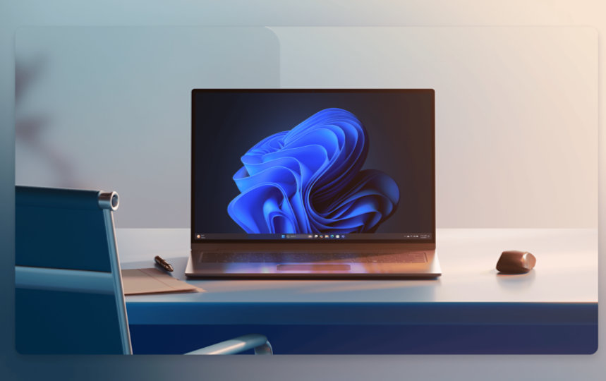 Modern office setup with a sleek laptop on a blue desk, displaying the blue bloom on the screen. A wireless mouse and a closed notebook with a pen rest beside it.  