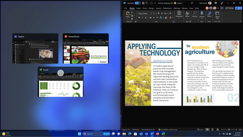 Computer screen displaying three open applications: Teams, PowerPoint, and Excel and a Microsoft Word document on the right.