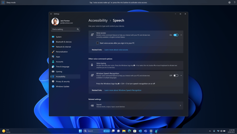 Zoomed in Screenshot of a Windows 11 desktop with the 'Settings' window open to the 'Accessibility' section under 'Narrator'.  