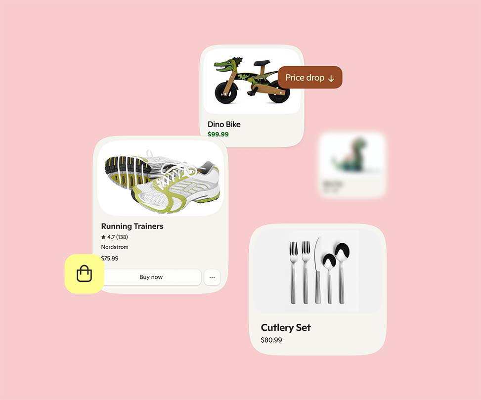 Several small shopping images with the Copilot shopping icon overlapping on a light pink background