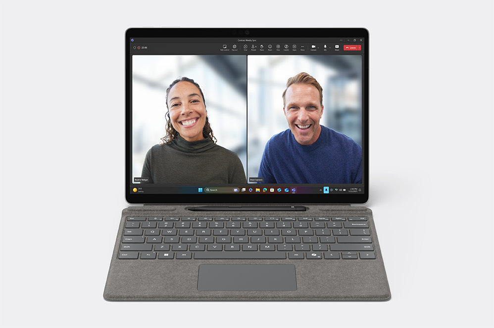 Surface device front-facing screen showing benefits of AI-powered video calls