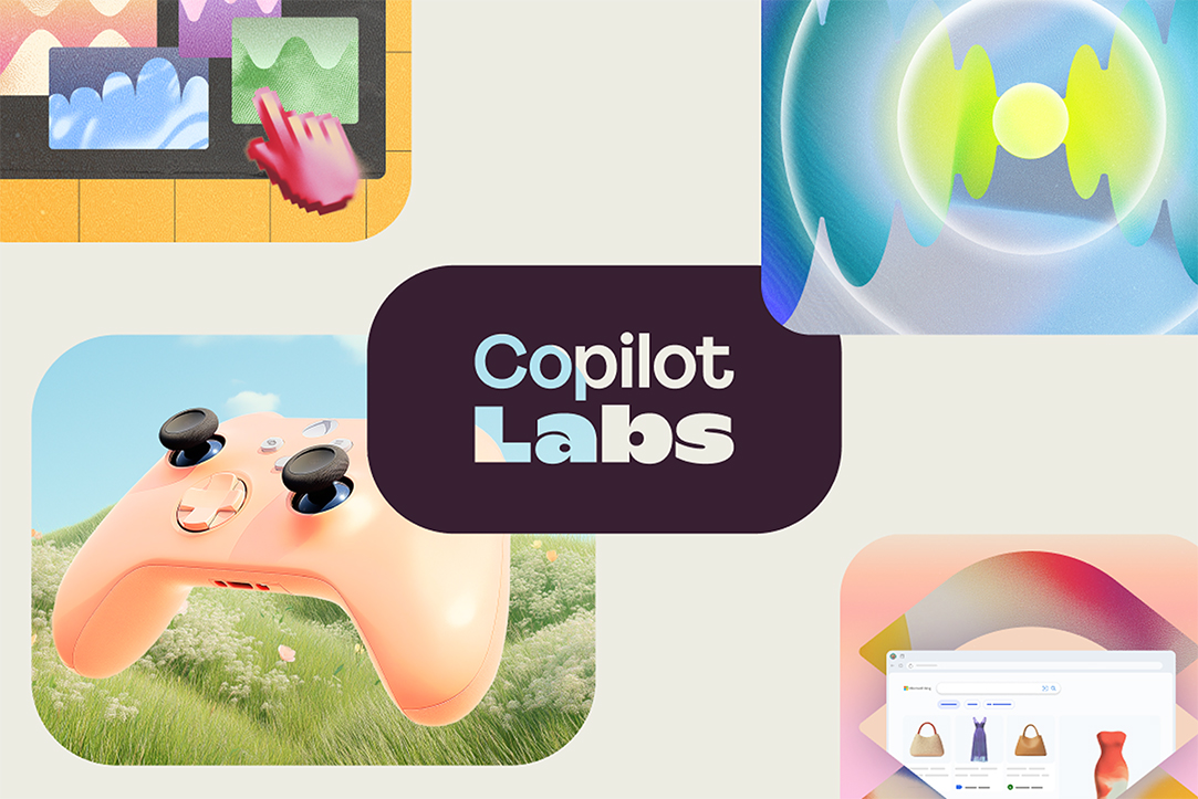 Various Copilot feature images shown in the four corners of the image on a cream background with the words Copilot Labs written on top