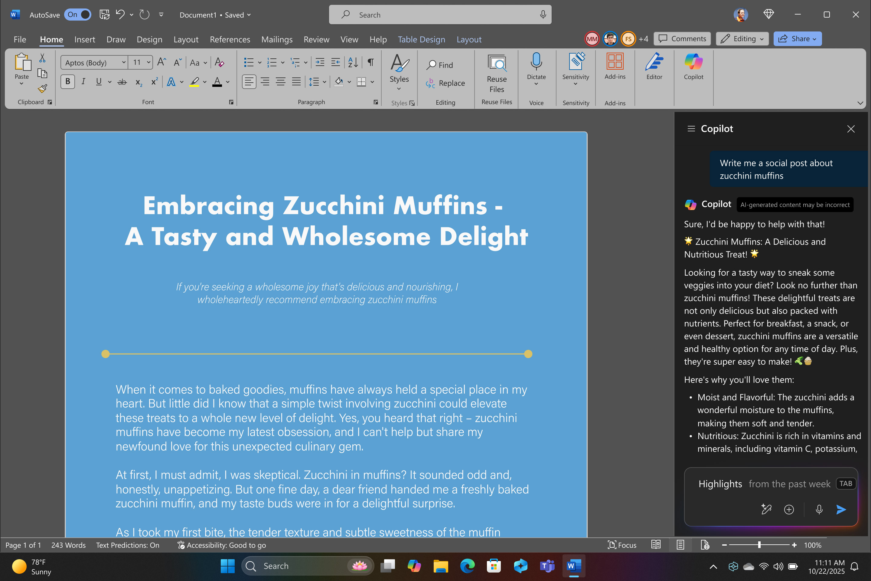 Word document opened to article about Zuchhini Muffins. Copilot panel opened on right side bar with suggestions about how to write social posts for zucchini muffins